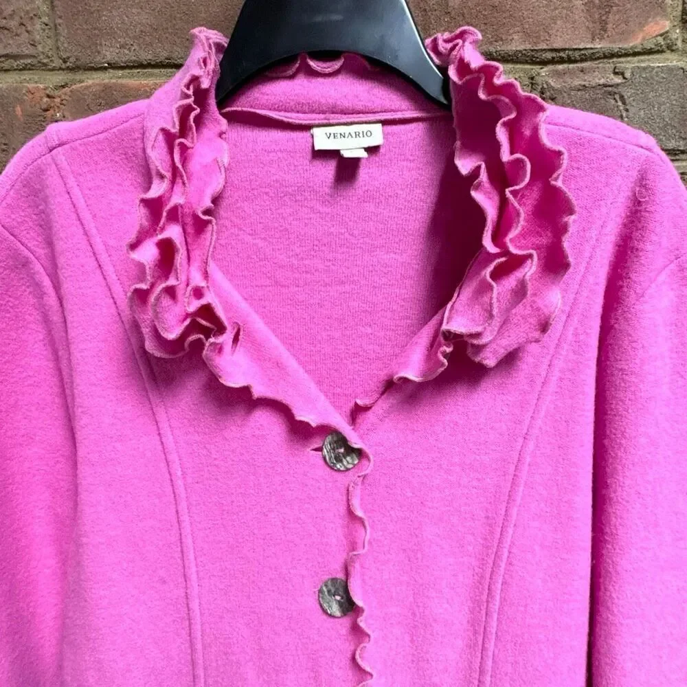 Venario Womens Pink Ruffle Neck Button Wool Jacket Size Large - Picture 4 of 7